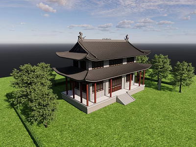 Ancient Chinese Architecture With Curved Eaves Black Tiled Roof Red Pillars Green Grass And Trees 3d model