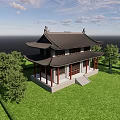 Ancient Chinese Architecture With Curved Eaves Black Tiled Roof Red Pillars Green Grass And Trees