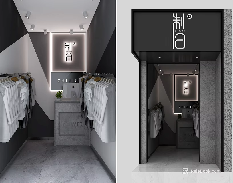 Modern Clothing Store Interior With Hanging Clothes Lighting And Entrance Signage 3d model 