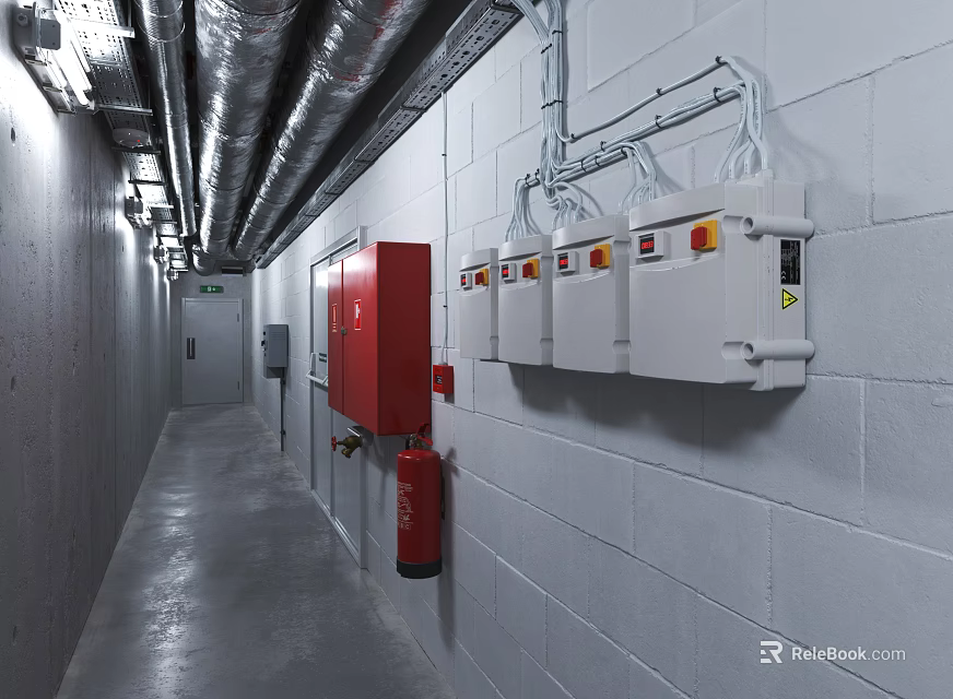 Wall Mounted Fire Equipment In Industrial Corridor With Red Cabinets And Control Panels 3d model 