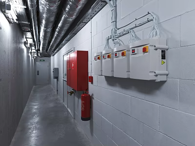 Wall Mounted Fire Equipment In Industrial Corridor With Red Cabinets And Control Panels 3d model