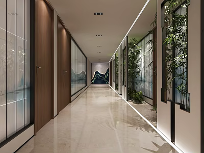 Shower Sauna Space With Modern Design Wooden Structure Glass Partitions And Green Plants 3d model