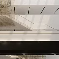 Modern Lobby Interior With Gold Grid Decoration White Staircase Glass Railing And Wooden Floor