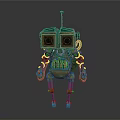 Vintage Robot Character With Green Gold Body Glowing Eyes Antenna And Mechanical Limbs