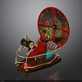 Steampunk Mechanical Model With Red Wheel Gears Metal Structure And Wooden Base