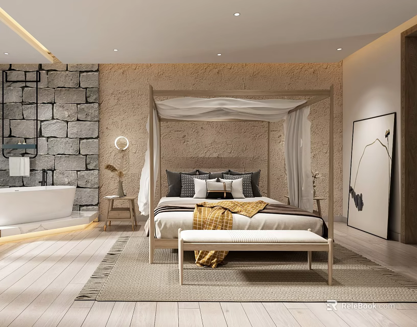 Elegant Modern Hotel Guest Room With Canopy Bed Stone Wall And Bathtub 3d model 
