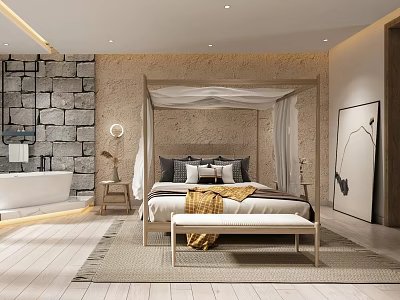 Elegant Modern Hotel Guest Room With Canopy Bed Stone Wall And Bathtub 3d model
