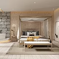 Elegant Modern Hotel Guest Room With Canopy Bed Stone Wall And Bathtub