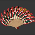 Traditional Folding Fan With Red Green White Stripes Gold Decorations And Wooden Frame