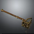 Ornate Decorative Weapon With Red Handle Golden Accents Blue Panel And Geometric Base