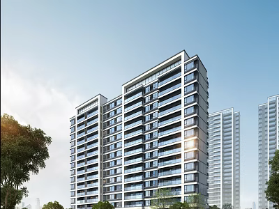 Modern High Rise Residential Building With Trees And Clear Sky 3d model