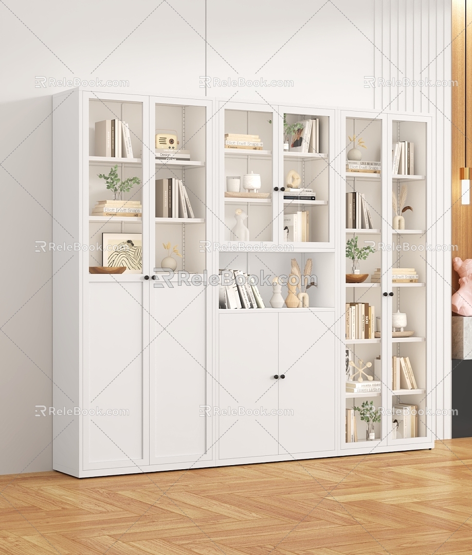 Nordic Style Wrought Iron Bookcase Glass Door Rack Storage Cabinet Modern Simple Floor Bookcase Living Room Storage Small Cabinet 3d model