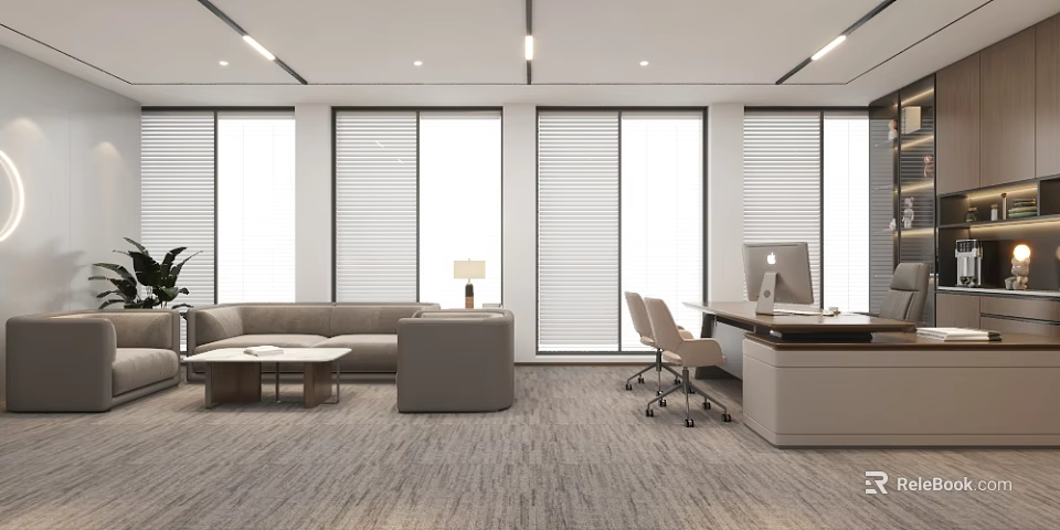 Modern Office Interior Design With Large Windows Blinds Light Gray Sofa And Desk 3d model