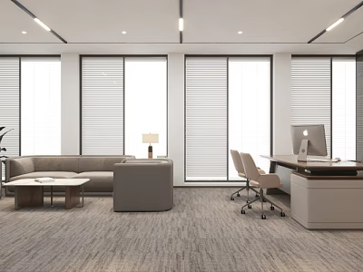 Modern Office Interior Design With Large Windows Blinds Light Gray Sofa And Desk 3d model