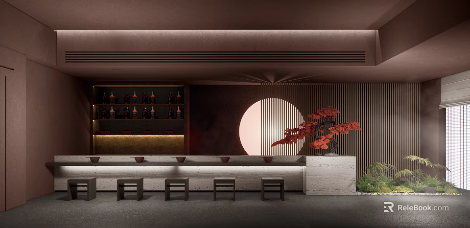 Modern Bar Interior Design With Bar Counter Stools Wine Racks Circular Decoration And Red Plants 3d model 