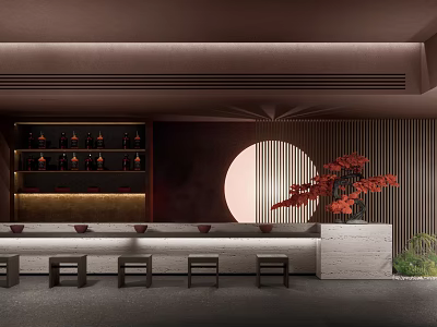 Modern Bar Interior Design With Bar Counter Stools Wine Racks Circular Decoration And Red Plants 3d model