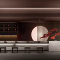Modern Bar Interior Design With Bar Counter Stools Wine Racks Circular Decoration And Red Plants