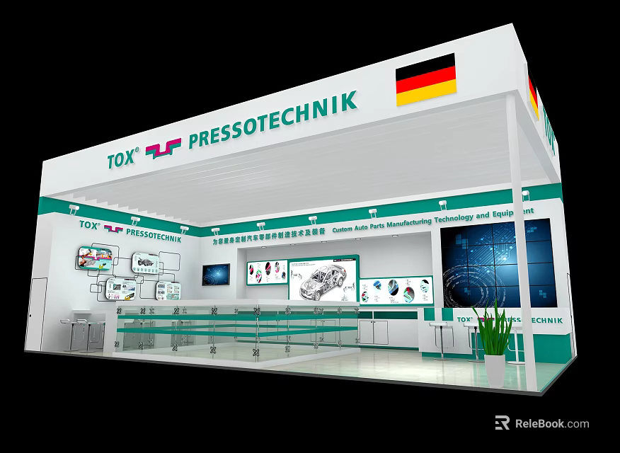 TOX PRESSTECHNIK German Exhibition Booth Featuring White And Green Display Screens Product Images And Furniture 3d model 