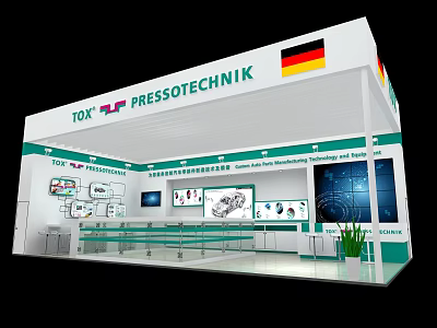 TOX PRESSTECHNIK German Exhibition Booth Featuring White And Green Display Screens Product Images And Furniture 3d model