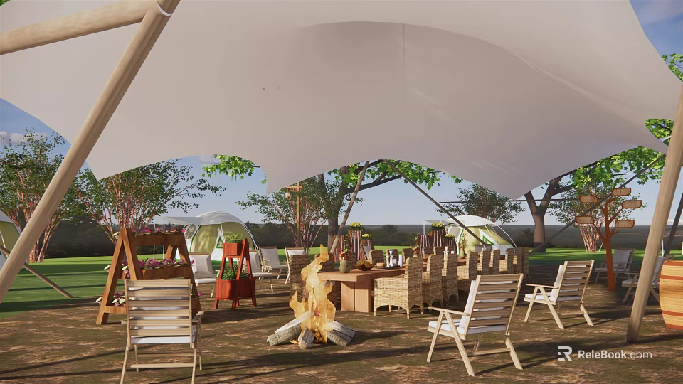 Scenic Camping Site With Tents Campfire Wooden Tables Chairs Trees And Playground 3d model 