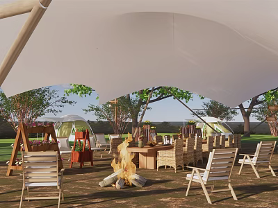 Scenic Camping Site With Tents Campfire Wooden Tables Chairs Trees And Playground 3d model