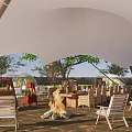 Scenic Camping Site With Tents Campfire Wooden Tables Chairs Trees And Playground