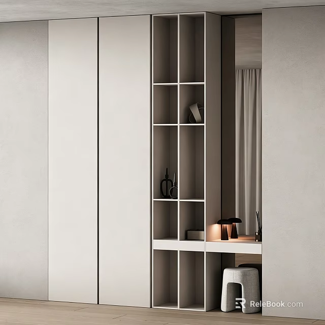 Modern White And Gray Display Cabinet With Open Shelves And Decorative Items 3d model 