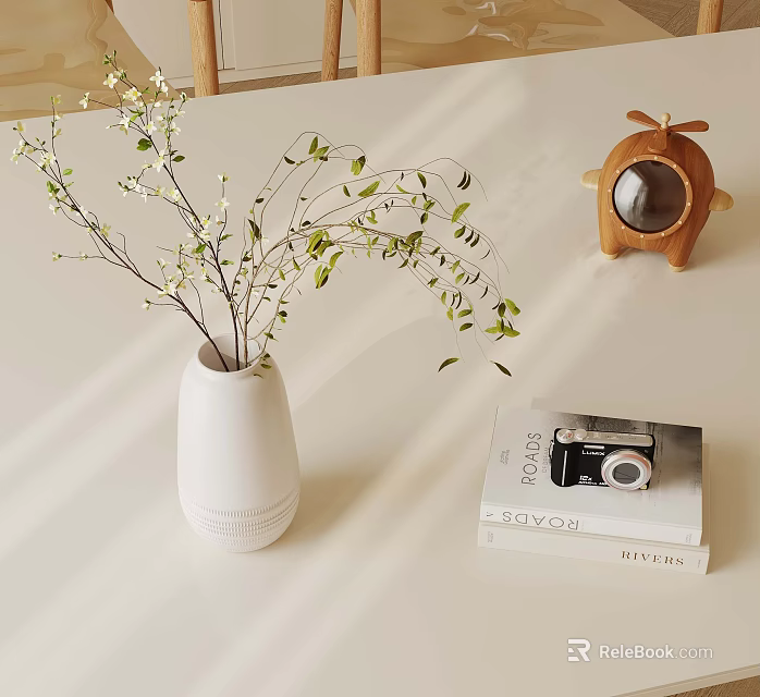 Stylish Home Decor With White Vase Green Leaves Books Vintage Camera And Wooden Ornament 3d model 
