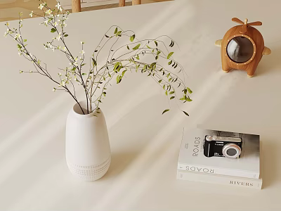 Stylish Home Decor With White Vase Green Leaves Books Vintage Camera And Wooden Ornament 3d model