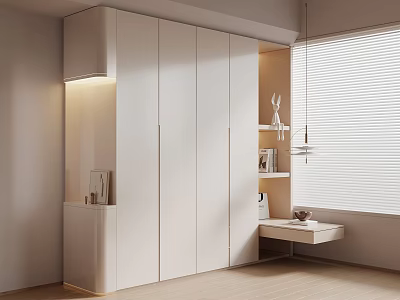 Modern White Built-in Wardrobe with Open Shelves Decorative Items and Window Blinds 3d model