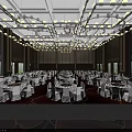 Elegant Banquet Hall With Hanging Chandeliers Large Screen And White Tablecloth Tables On Red Carpet
