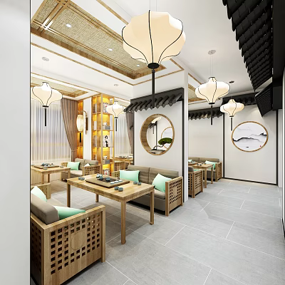 Traditional Chinese Teahouse Interior Design With Woven Bamboo Furniture Round Tables And Hanging Lanterns 3d model