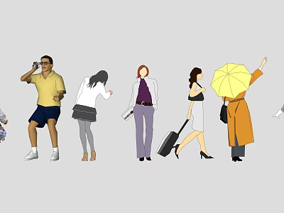 Group of People Taking Photos Carrying Bags Holding Documents Pulling Suitcases And Umbrellas 3d model