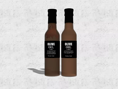 Two Dark Glass Olive Oil Bottles With Black Caps And Labels On Light Background 3d model