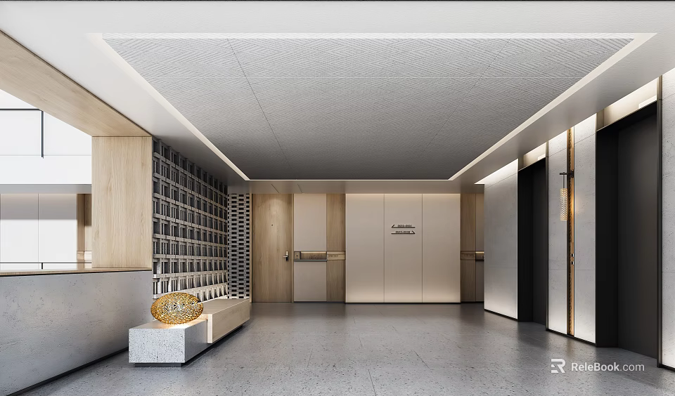 Modern Elevator Lobby Design With Wooden Elements And Art Decor 3d model 