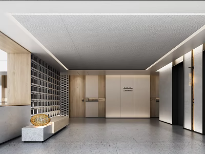 Modern Elevator Lobby Design With Wooden Elements And Art Decor 3d model