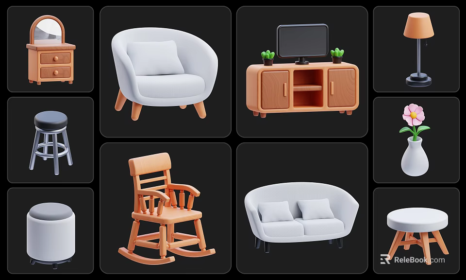 Wooden TV Stand Interior Design With TV And Green Plants On Top 3d model 