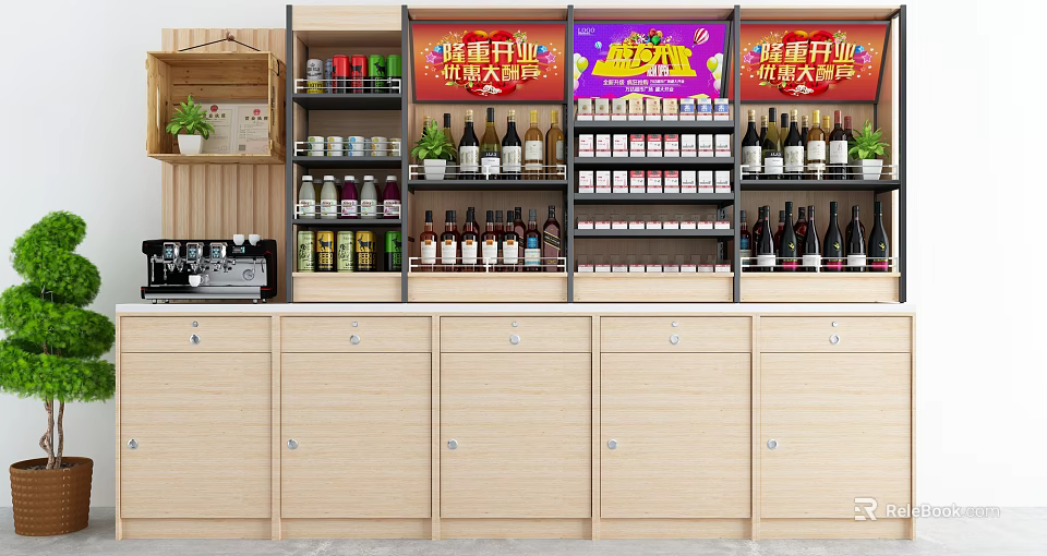 Light Wood Console Cabinet Sideboard With Multiple Shelves For Store Products 3d model