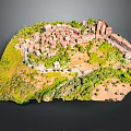 Cartoon Scene Featuring A Scenic Village With Green Vegetation Roads And Miniature Buildings