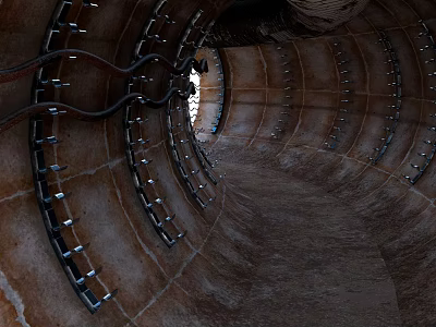 Cartoon Style Industrial Tunnel With Metal Rings Chains And Distant Light 3d model