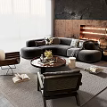 Modern Curved Sofa and Round Coffee Table Set with Pillows Decorative Plant and Woven Chairs