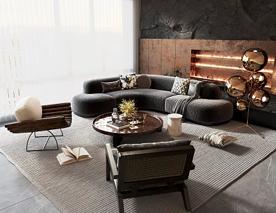 Modern Curved Sofa and Round Coffee Table Set with Pillows Decorative Plant and Woven Chairs 3d model
