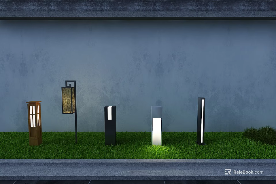Modern Outdoor Lights With Various Designs Illuminating Garden Grass Area 3d model 