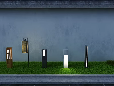 Modern Outdoor Lights With Various Designs Illuminating Garden Grass Area 3d model