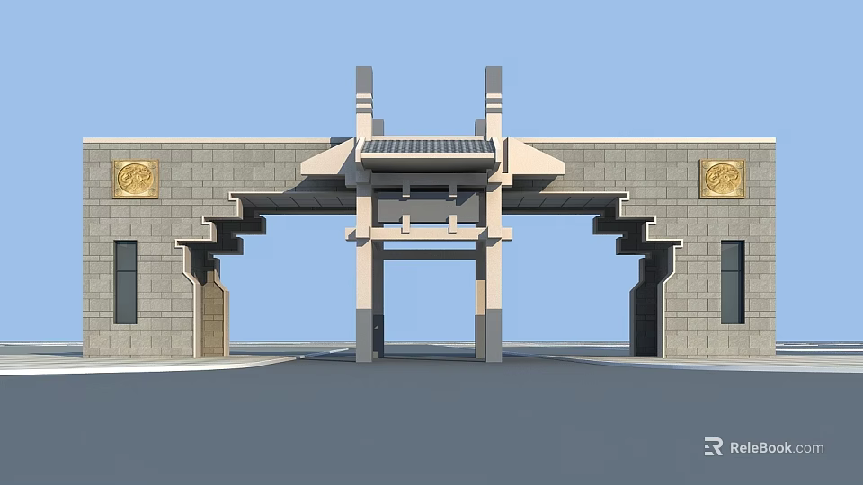 Chinese Traditional Entrance Gate With Stone Wall Classic Roof Structure And Golden Decorations 3d model 