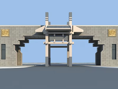 Chinese Traditional Entrance Gate With Stone Wall Classic Roof Structure And Golden Decorations 3d model