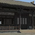 Traditional Ancient Building Featuring Stone Walls Wooden Railing Carved Doors Windows and Curved Eaves