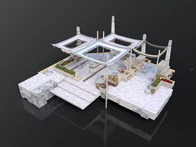 Outdoor Terrace Structure With White Canopy Columns Stone Flooring Steps And Plants 3d model