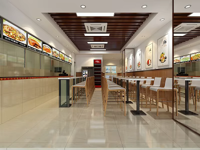 Spacious Modern Restaurant Interior With Wooden Ceiling Menu Displays And Neat Tables 3d model