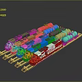 Colorful Train Model With Multiple Colored Carriages Parked On Railway Track 3d model